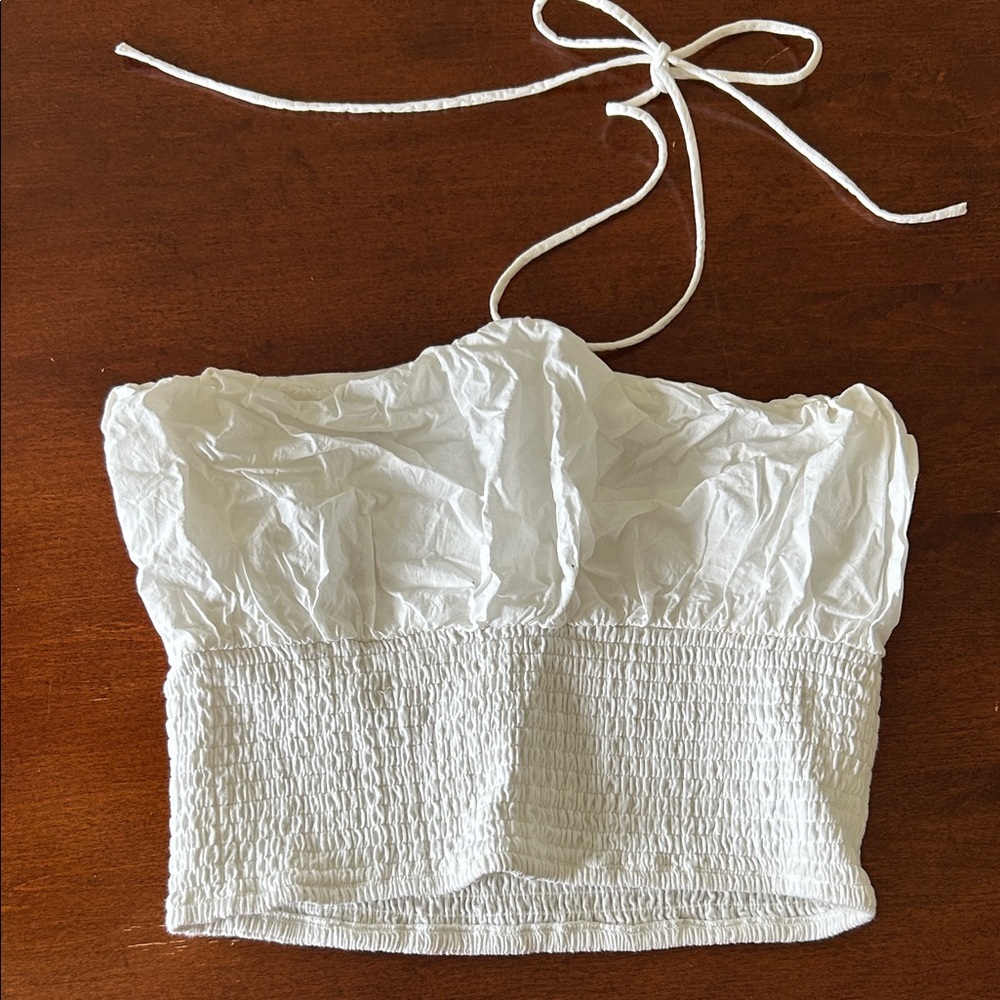 Anthropologie White Smocked Halter Crop Camisole